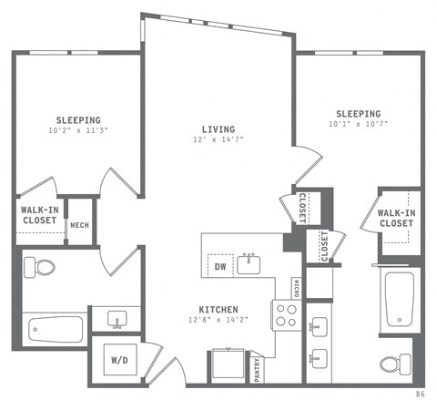 Floor plan for 2 beds, 2 baths, 918 sqft